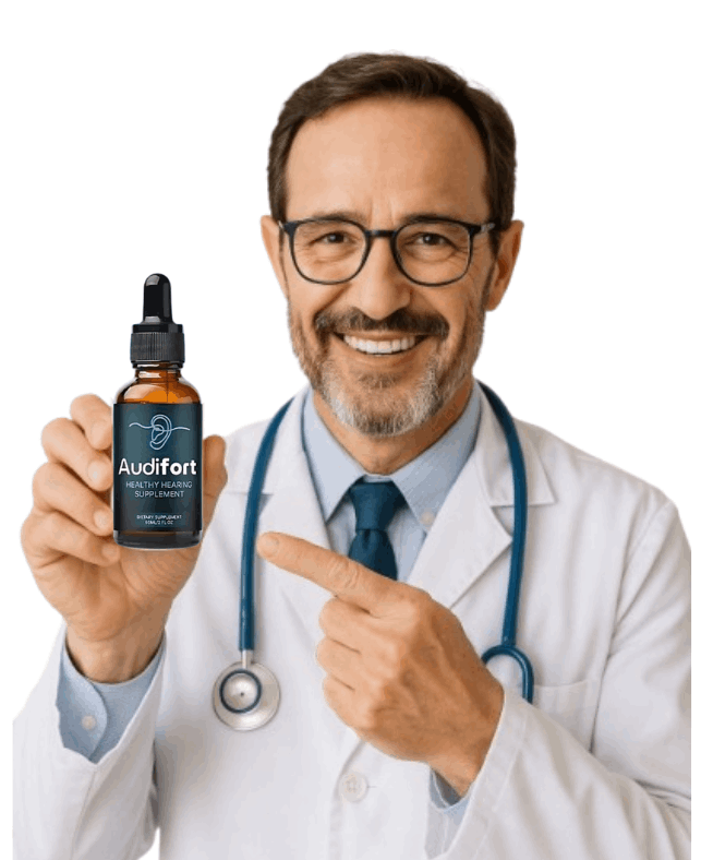 Audifort hearing supplement with doctor imagery
